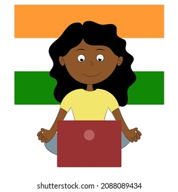 Cartoon indian girl sitting in lotus position in front of laptop with india flag background, vector image, Indian child training