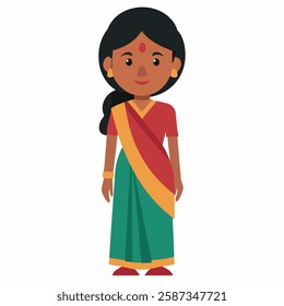 a cartoon Indian girl wearing saree. Asian culture. Suitable for children's books, sticker,t shirt design, mascot, logo.Isolated on white background. Front view. Vector illustration. 