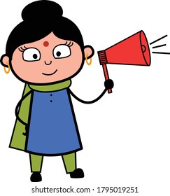Cartoon Indian Lady Announcing with Loudhailer Character Design Illustration