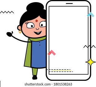 Cartoon Indian Lady with empty cell phone screen