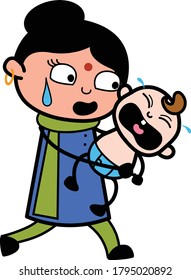 Caricatura: Dama india sostiene llorando personaje de bebé e Ilustración de diseño