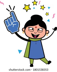 Cartoon Indian Lady holding Foam Glove Character Design Illustration