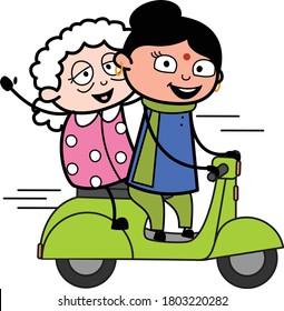 Cartoon Indian Lady Riding Scooter with an old lady