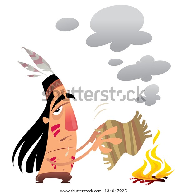 Cartoon indian man character\
sending a message by smoke signals moving small carpet over\
fire