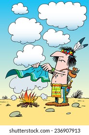 Cartoon Indian Man Sending A Message By Smoke Signals