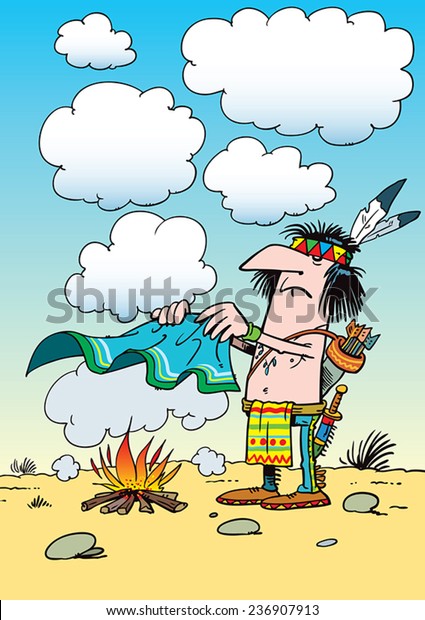 Cartoon\
Indian man sending a message by smoke\
signals