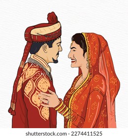 A cartoon of an indian mariied couple in traditional dress for weddeing looking att each other