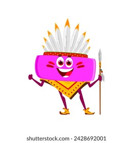 Cartoon indian math minus sign character. Isolated vector native american apache chief personage wearing feather hat and tribal attire, holding spear, ready for educational adventure at the Wild West