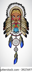 Cartoon of Indian Native American Girl with dream catcher