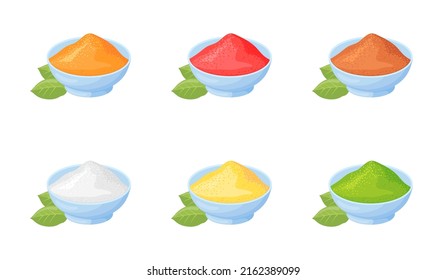 Cartoon indian powders. Powder spices in bowl, seasoning powdered herb curry turmeric cocoa sweetener paprika green pepper salt mustard cardamom, isolated vector illustration of spice indian powder