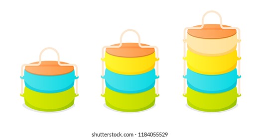 Cartoon Indian Tiffin Box Icon Set. Clipart Image Isolated On White Background