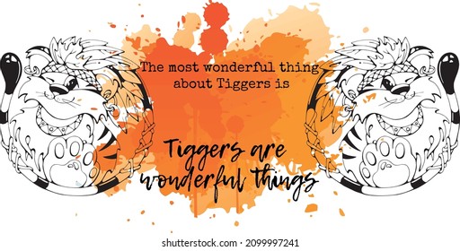 Cartoon Indian Tiger. Cute hand-drawn vector outline stock illustration, smiling character isolated in layers with text