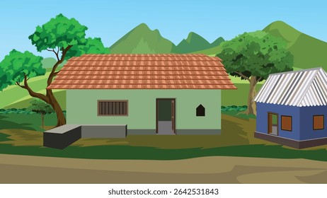 Cartoon Indian Village Background Vector with Green House, Tin Roof Hut, Hills, Trees, and Front Yard – Flat Rural Scene for Animation, Teaching Videos, and Cultural Storytelling Projects	
