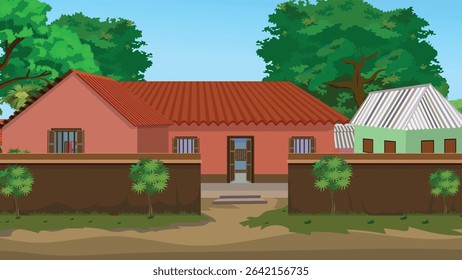 Cartoon Indian Village House with Red Roof, Concrete Wall, Tin Roof Home, Trees, Countryside Landscape, Traditional Architecture, Rural Home Scene, Farming Village, Flat Vector Background Illustration