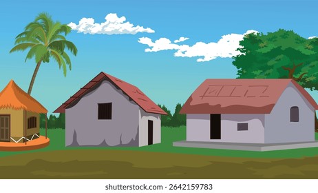 Cartoon Indian Village Scene with Clay and Mud Houses, Thatched Hut, Coconut Tree, Red Roof Homes, Greenery, Countryside Background, Rural Architecture, Farming Landscape, Flat Vector Illustration

