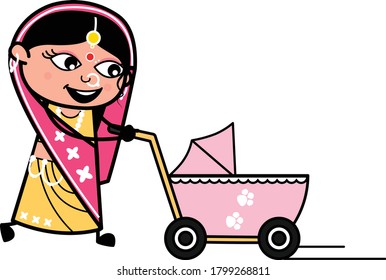 Dibujo de una mujer india con un personaje de carrito de bebé Ilustración de diseño