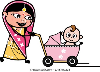 Caricatura de mujer india con personaje de coche de bebé Diseño Ilustración