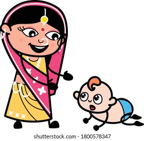 Caricatura de una mujer india con un personaje de bebé que cruza la puerta