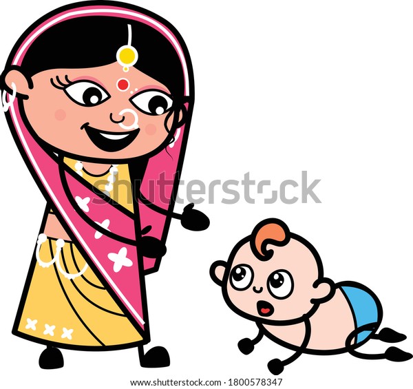 赤ちゃんのキャラクターデザインイラストを持つインド人の漫画の女性 のベクター画像素材 ロイヤリティフリー