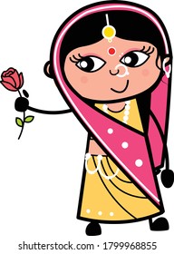 Cartoon Indian Woman Giving a Red Rose Character Design Illustration