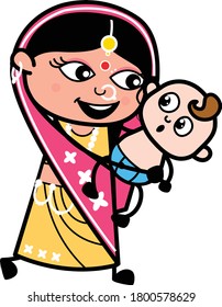 Caricatura de mujer india sosteniendo un personaje de bebé ilustración de diseño