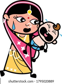 Caricatura de una mujer india sosteniendo llorando personaje de bebé Ilustración de diseño