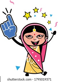 Cartoon Indian Woman holding Foam Glove Character Design Illustration