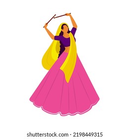 Cartoon Indian Woman Playing With Dandiya Sticks On White Background.