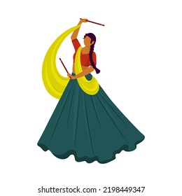 Cartoon Indian Woman Playing With Dandiya Sticks On White Background.