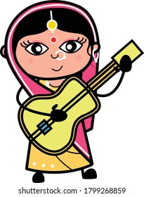 Cartoon Indian Woman Playing Guitar Character Design Illustration