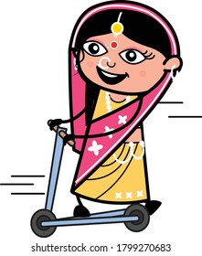 Cartoon Indian Woman Rides The Kick Scooter Character Design Illustration