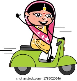 Cartoon Indian Woman Riding Scooter Character Design Illustration