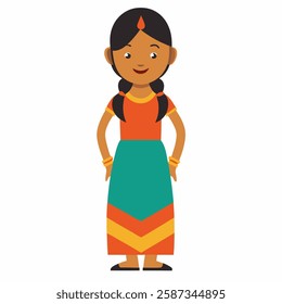 cartoon Indian woman in traditional clothes.Suitable for children's books, sticker,t shirt design, mascot, logo. Isolated on white background. Front view .Vector illustration. 