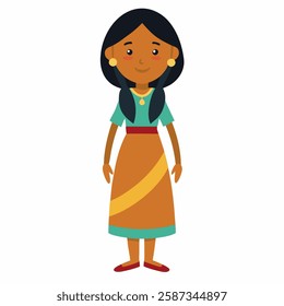 cartoon Indian woman in traditional clothes.Suitable for children's books, sticker,t shirt design, mascot, logo. Isolated on white background. Front view .Vector illustration. 