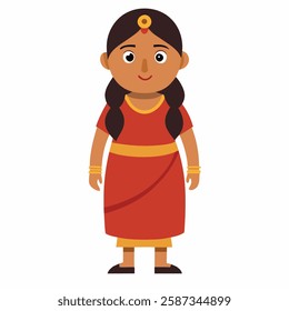 cartoon Indian woman in traditional clothes.Suitable for children's books, sticker,t shirt design, mascot, logo. Isolated on white background. Front view .Vector illustration. 