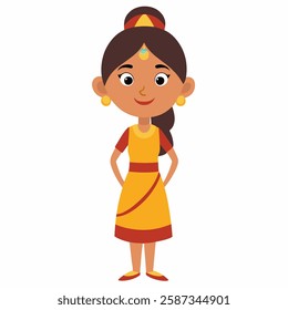 cartoon Indian woman in traditional clothes.Suitable for children's books, sticker,t shirt design, mascot, logo. Isolated on white background. Front view .Vector illustration. 