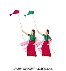 Cartoon Indian Young Girls Flying Kites On White Background.