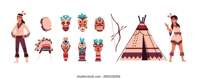 Cartoon Indians. Aztec or Maya persons. Man or woman with ritual shaman Tiki mask, feather headwear and totem. Tribal collection. Drum and bow with arrows. Vector traditional wigwam
