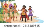 Cartoon indians in the forest with Discovery sailors. Native American on the beach. Discovery of a tribe with animals and indians in the jungle.