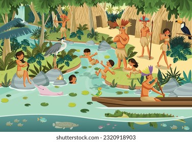 Cartoon indians in the forest. Tropical Rainforest with native people. Tribe with animals and indians on amazon jungle.