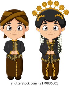 Cartoon Indonesian couple wearing Javanese traditional clothes