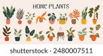 Cartoon indoor home plants in pots vector illustration set for design. Different types of exotic potted houseplants decorative elements kit. Large collection of botanical doodles in funky groovy style
