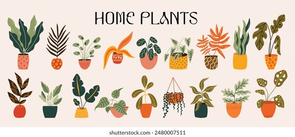 Plantas de interior de dibujos animados en Ilustración vectorial de macetas para el diseño. Diferentes tipos de plantas de interior exóticas kit de Elementos decorativos. Grande colección de garabatos botánicos en estilo funky groovy