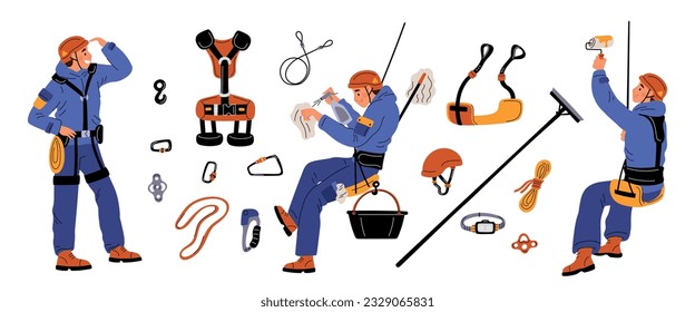 Cartoon industrial climbing elements. High altitude work equipment. Cable and winch. People in uniform with helmets. Painter and window cleaner. Steeplejack tools. Garish