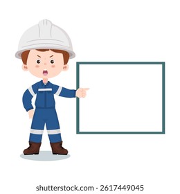 Cartoon industrial engineer pointing at blank sign for message, warning, or information in factory or workplace. Vector illustration isolated on a white background.