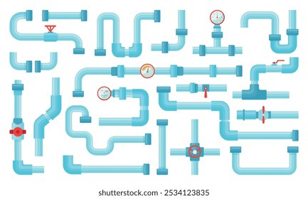 Cartoon industrial pipes. Plastic metal pipe with valves. System for water tube, gas fuel or air duct. Flows technology elements, neoteric vector set