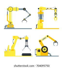 Cartoon Industrial Technology Robotic Arms Set Machine Hand Flat Design Style. Vector illustration of Yellow Robot s Arm