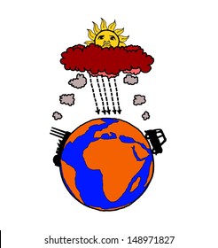 Cartoon of industrialization and motor vehicle causing global warming by polluting planet earth.