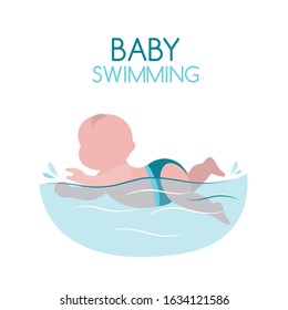 Cartoon infant swimming on a white background. Little child swimmer in the swimming pool, kids physical activity. Flat vector illustration