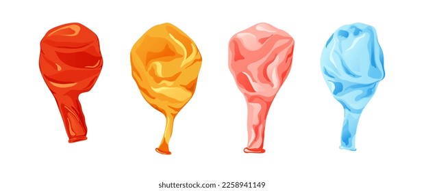 Cartoon inflatable balloon of various shapes and colors. Empty rubber blowing process. Latext uninflated element. Vector illustration on white background